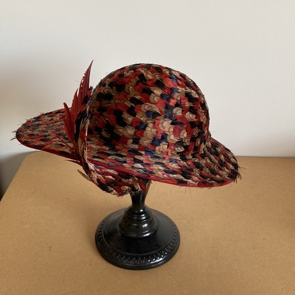 VTG Rare Jack McConnell Feather Hat. Red/Navy Multi Feather Outside - Picture 2 of 16